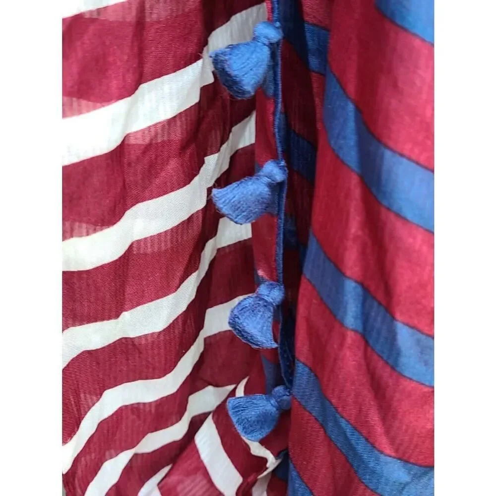 Burgundy Blue White Stripe Infinity Scarf with Fringe
